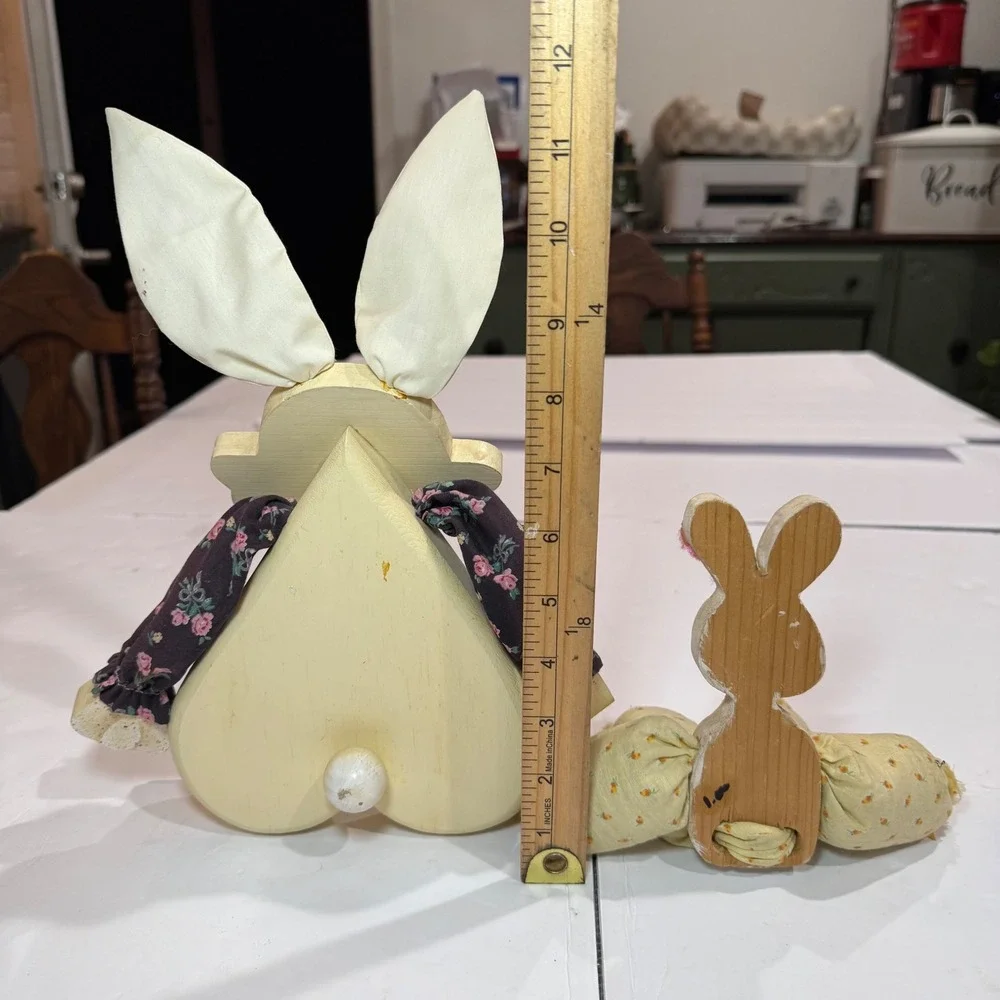 Vintage Wooden Easter Bunny Set Handmade Painted Grandmacore Cottagecore Spring
